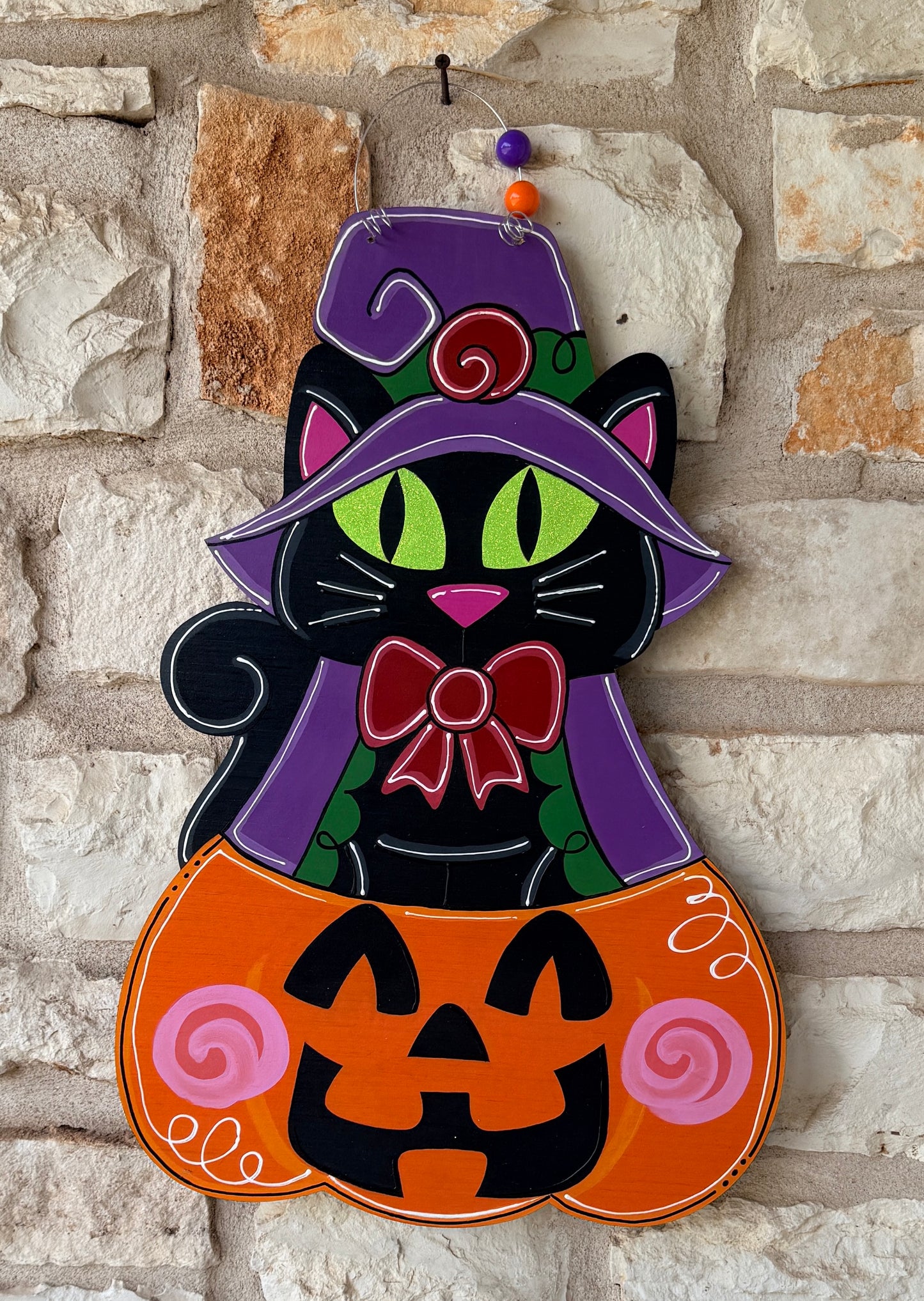 Ready to Ship - Painted Witch Cat & Pumpkin Door Hanger